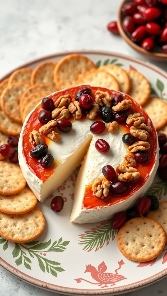 Baked Brie topped with cranberries and walnuts, surrounded by crackers on a decorative plate.