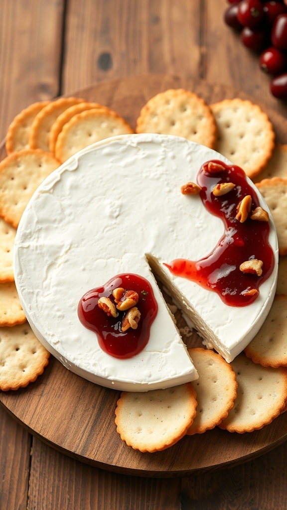 Baked brie cheese topped with cranberry sauce and nuts, served with crackers.