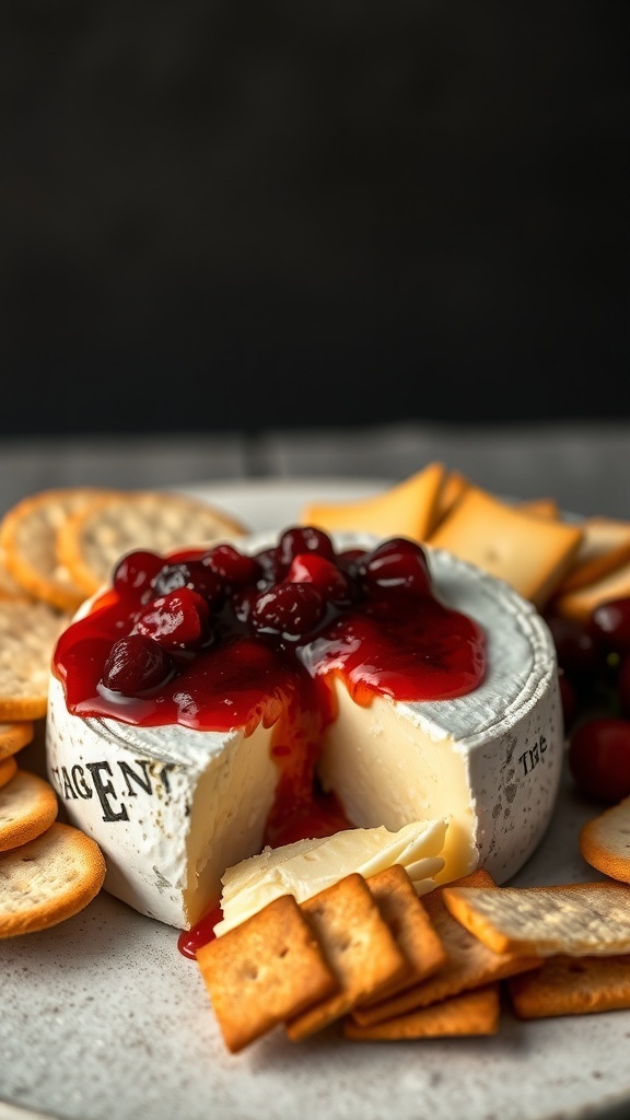 Baked Brie topped with cranberries, surrounded by crackers