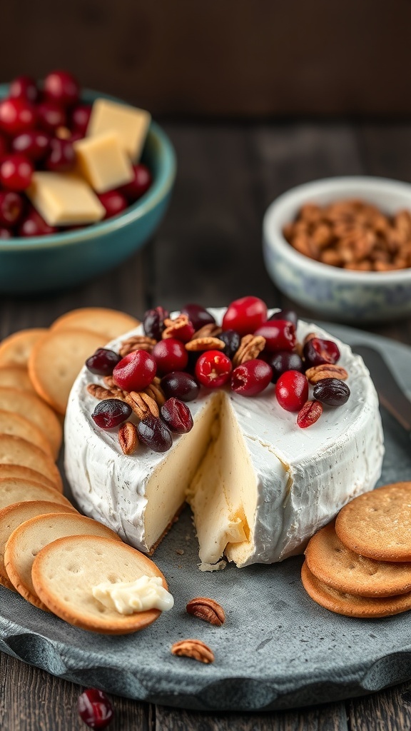 Baked Brie topped with cranberries and nuts, served with crackers