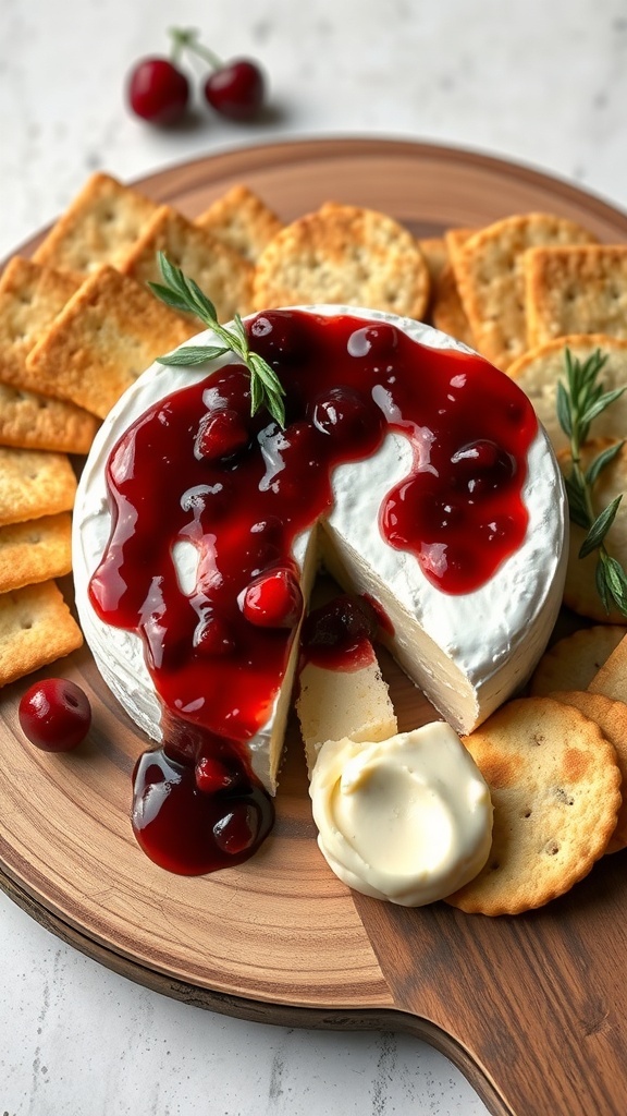 A round of baked Brie topped with cranberry sauce, surrounded by crackers on a wooden platter.
