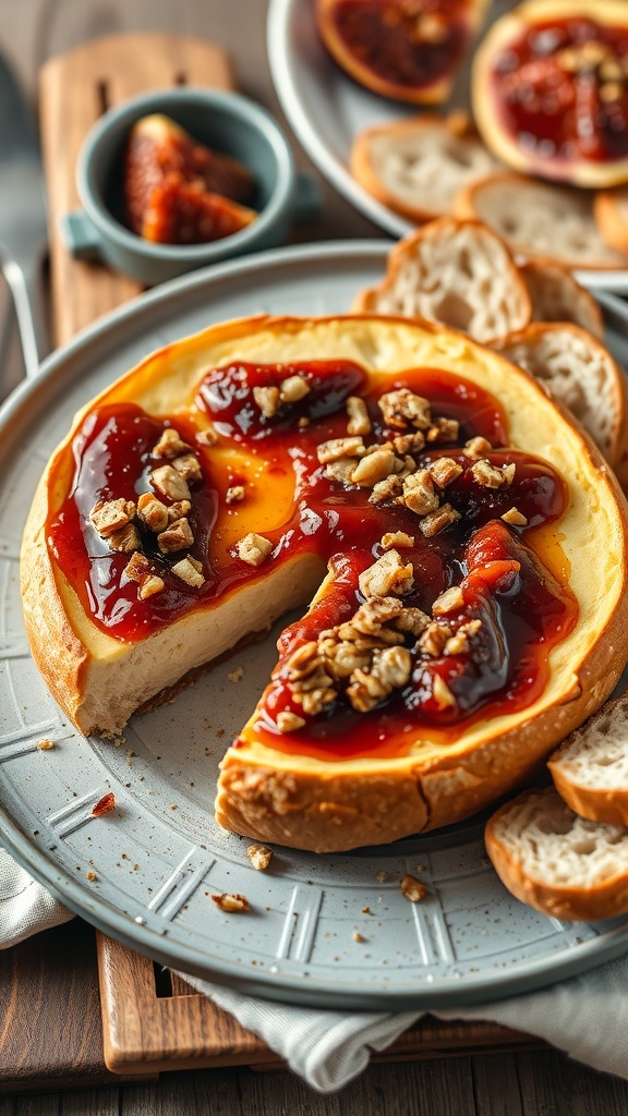 A baked Brie cheese topped with fig jam and nuts, served with crackers on a plate.