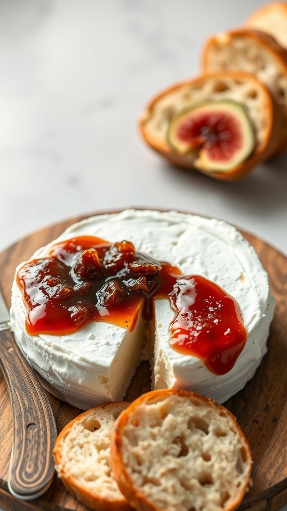 A round of baked brie topped with fig jam, served with slices of crusty bread.