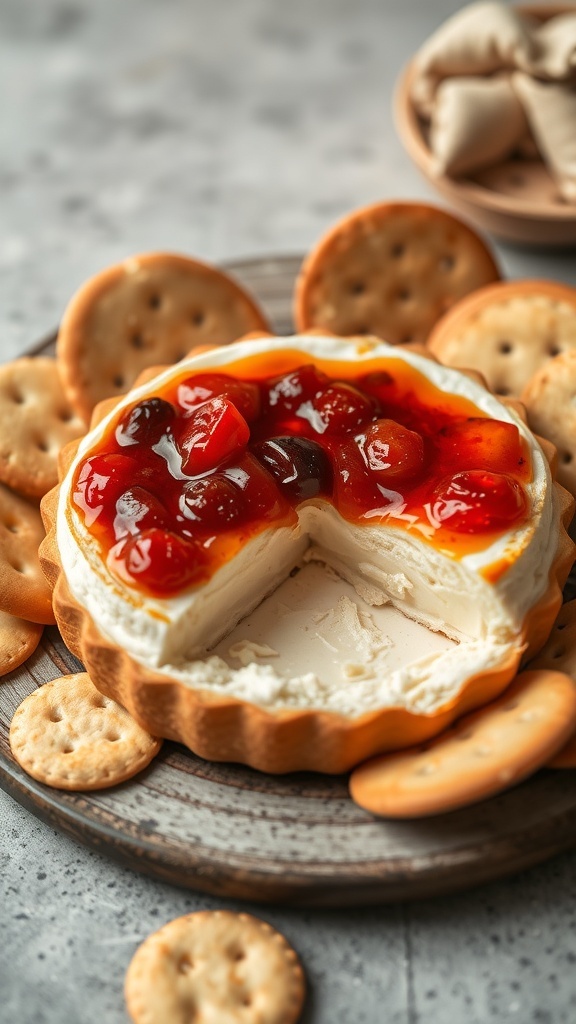 A baked brie topped with jam, surrounded by crackers on a wooden platter.