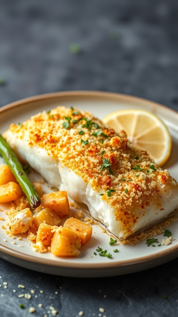 A plate of baked cod with a Parmesan crust, served with diced butternut squash and a green bean, garnished with a lemon slice.