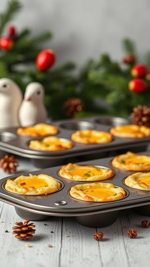 Baked egg and cheese cups in a muffin tin, decorated for Christmas