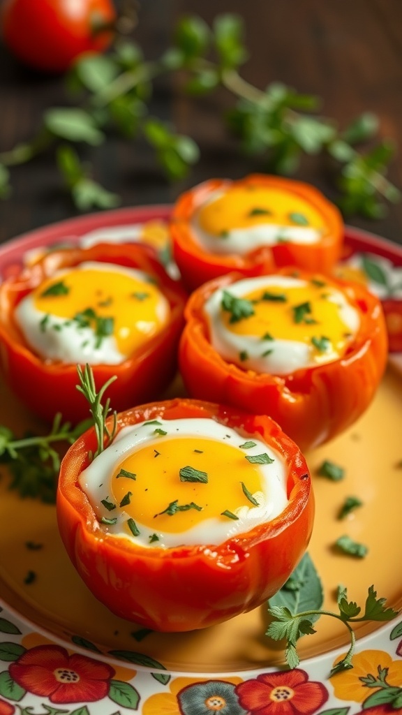 Baked eggs in tomato cups garnished with herbs on a colorful plate
