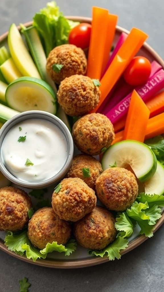 A plate of baked falafel balls with tzatziki sauce and fresh vegetables.