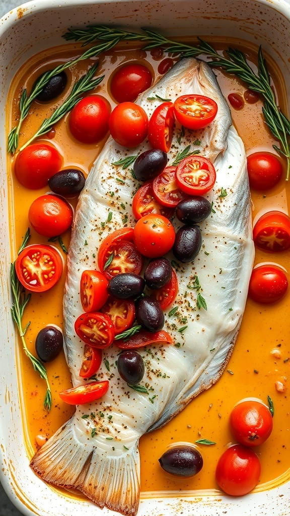 Baked fish topped with cherry tomatoes and olives in a baking dish