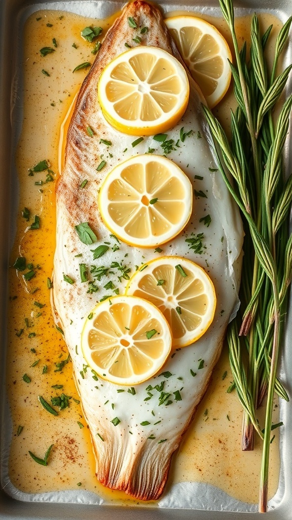 Baked haddock fillet topped with lemon slices and herbs