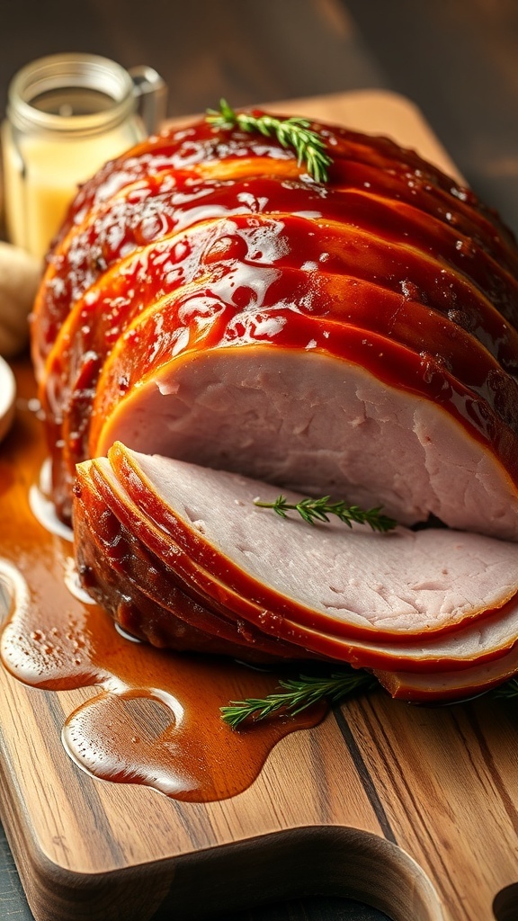 A beautifully baked honey-glazed ham, sliced and garnished with fresh thyme, sitting on a wooden cutting board.