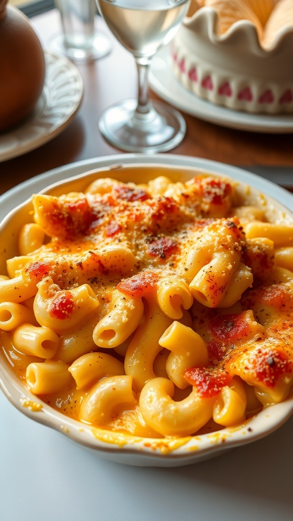 A plate of baked macaroni and cheese with a golden crust, served on a wooden table.