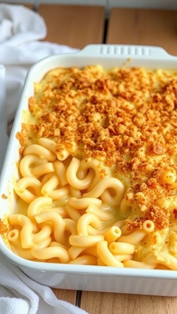 Baked macaroni and cheese in a white casserole dish with a golden crispy topping.