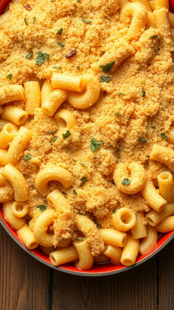 A delicious baked macaroni and cheese dish topped with breadcrumbs and herbs.