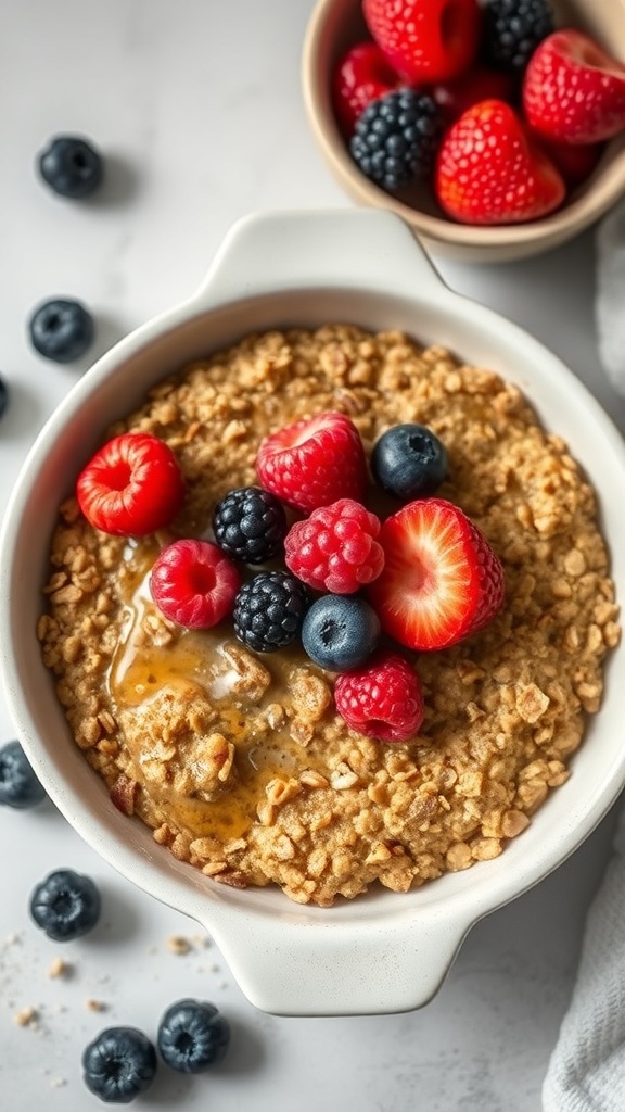 A bowl of baked oatmeal topped with fresh berries, including strawberries, raspberries, and blueberries, with additional berries scattered around.
