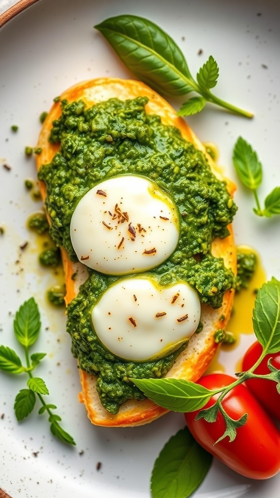 A plate of baked pesto chicken topped with mozzarella and cherry tomatoes, garnished with fresh basil.