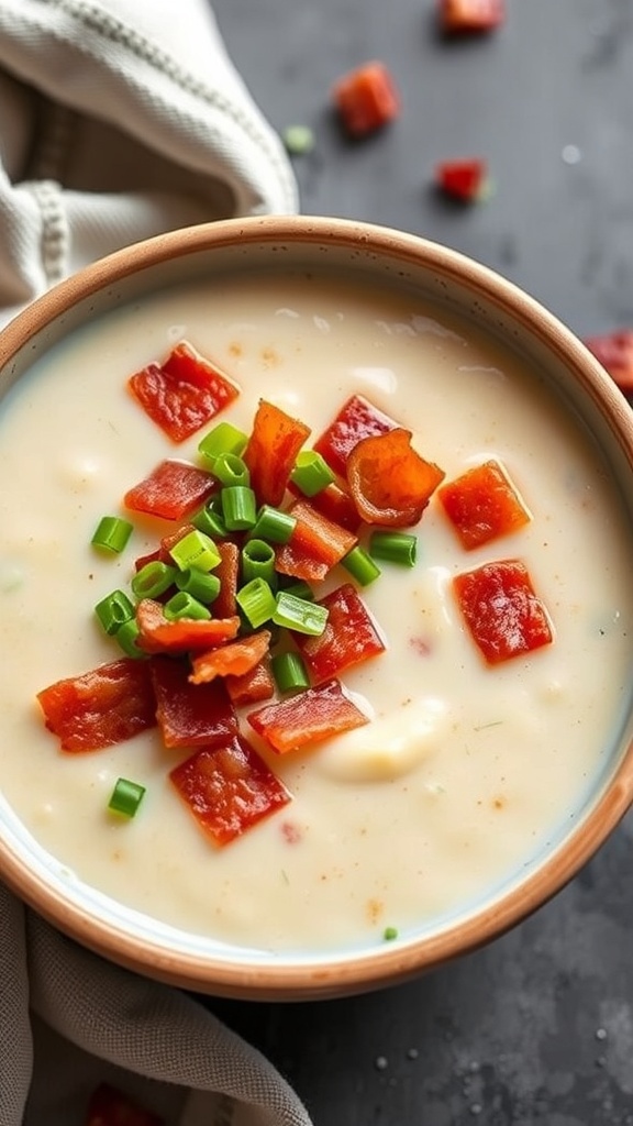 A bowl of baked potato soup topped with bacon and green onions