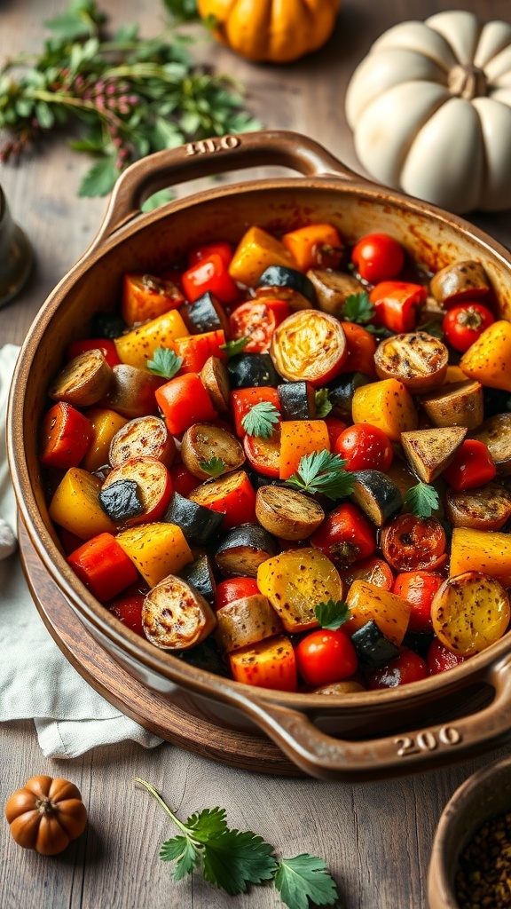 A dish of baked ratatouille featuring colorful vegetables like zucchini, eggplant, bell peppers, and tomatoes, garnished with herbs.