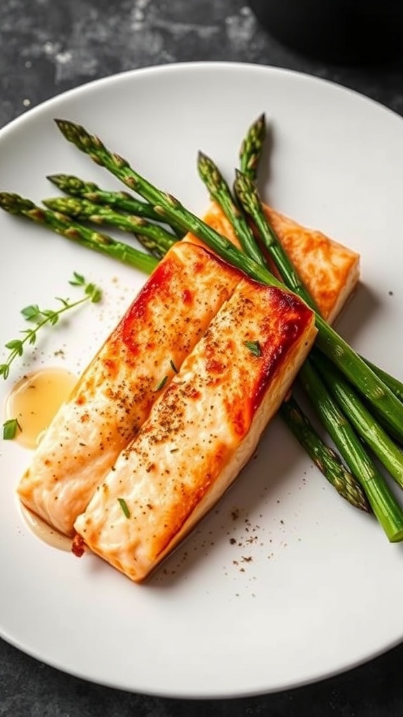 Baked salmon fillet with asparagus on a plate
