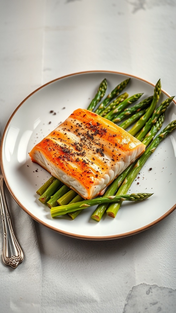 A plate of baked salmon fillet served on a bed of asparagus, seasoned with pepper.