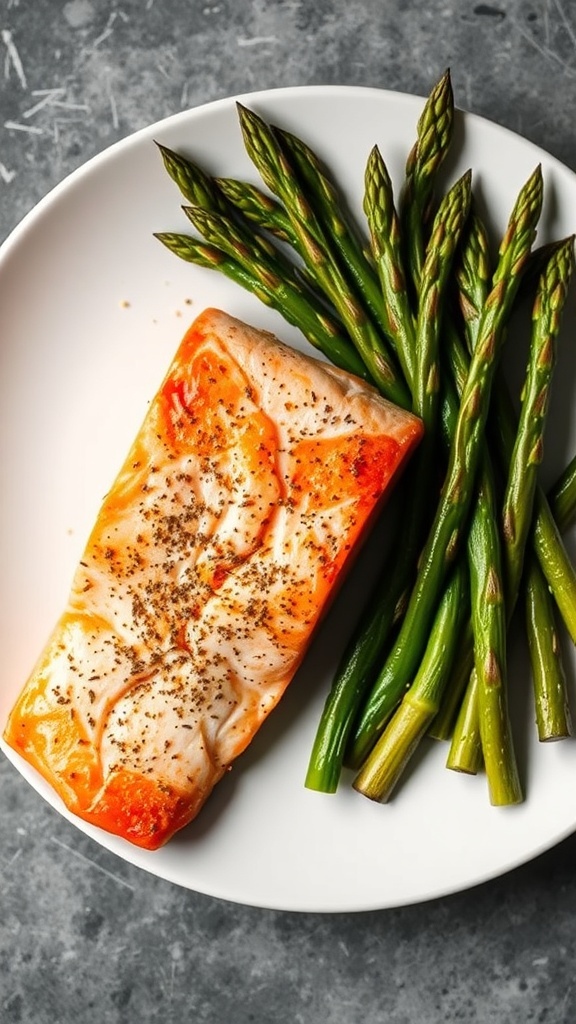 Baked salmon fillet with asparagus on a white plate