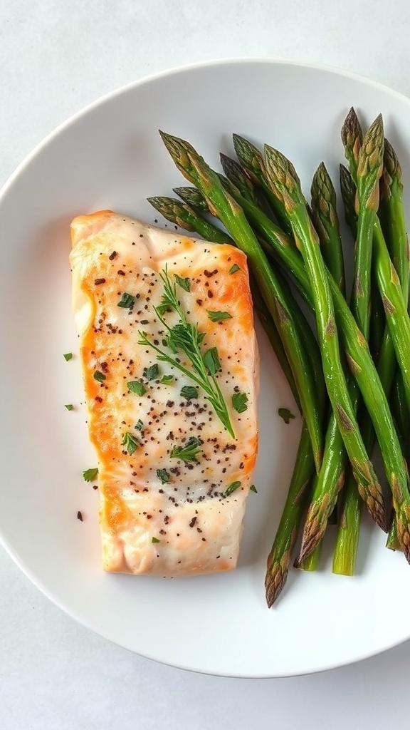 A plate of baked salmon with asparagus, garnished with herbs.