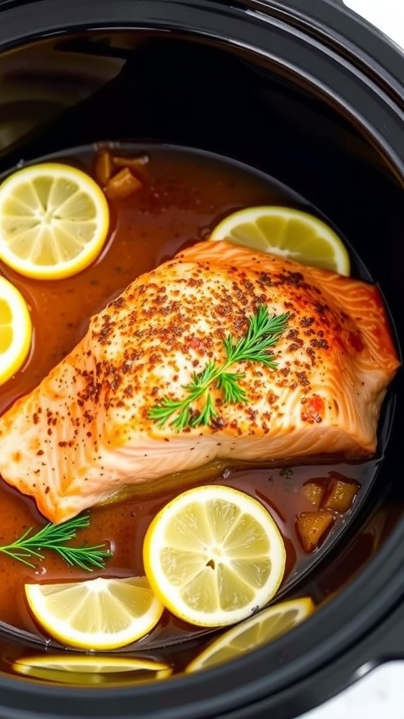 Crockpot baked salmon with lemon and dill