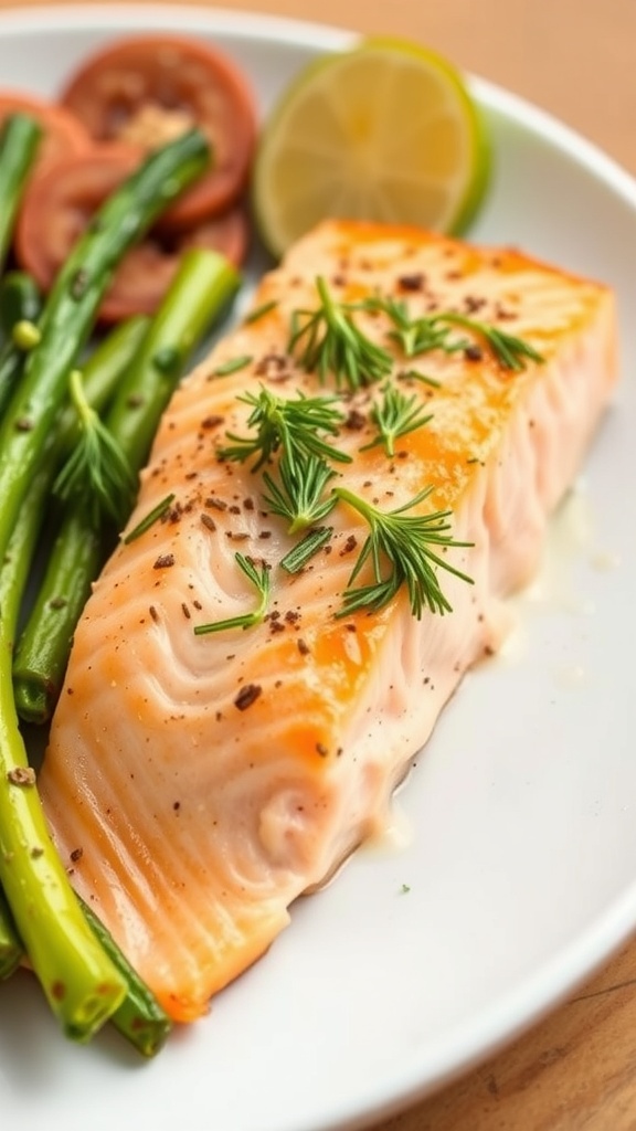 A beautifully baked salmon fillet garnished with dill on a white plate.