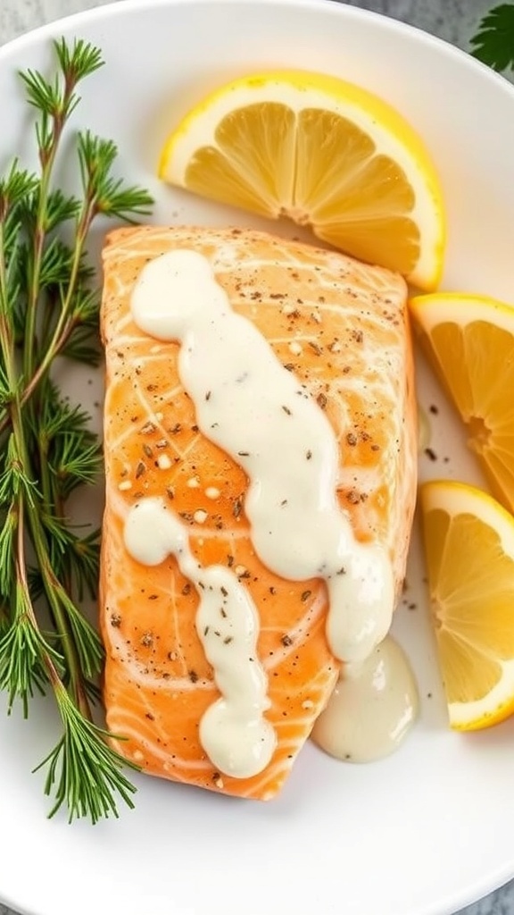 Baked salmon fillet with dill sauce and lemon slices on a plate
