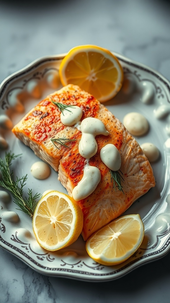 Baked salmon fillet with dill sauce and lemon slices on a decorative plate.