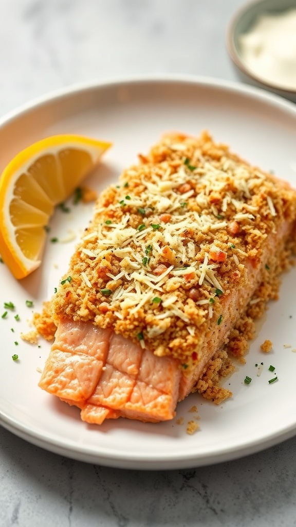 Baked salmon fillet with a crispy parmesan crust on a white plate, garnished with fresh herbs.