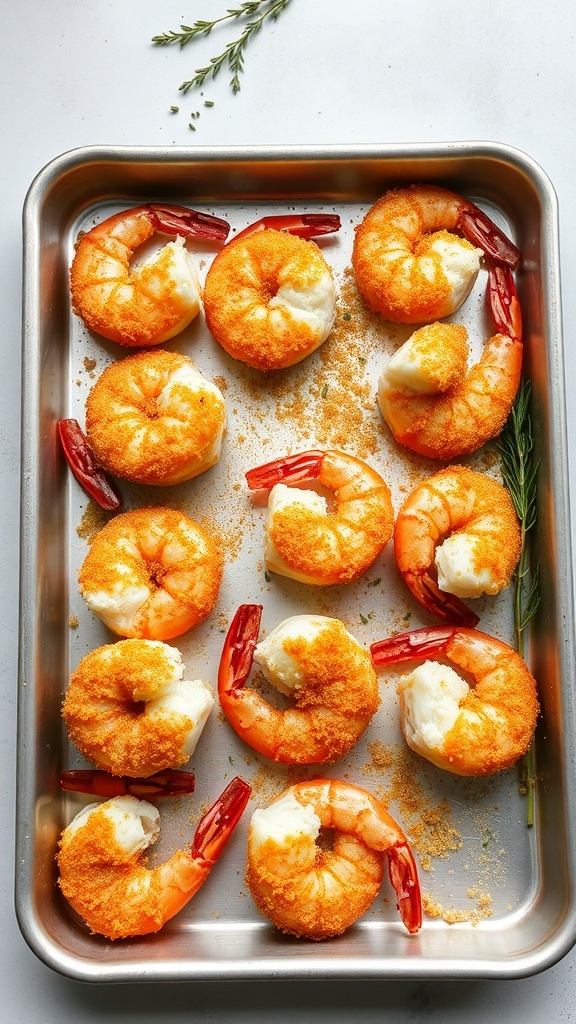 Baked shrimp with a crispy Parmesan crust on a baking tray