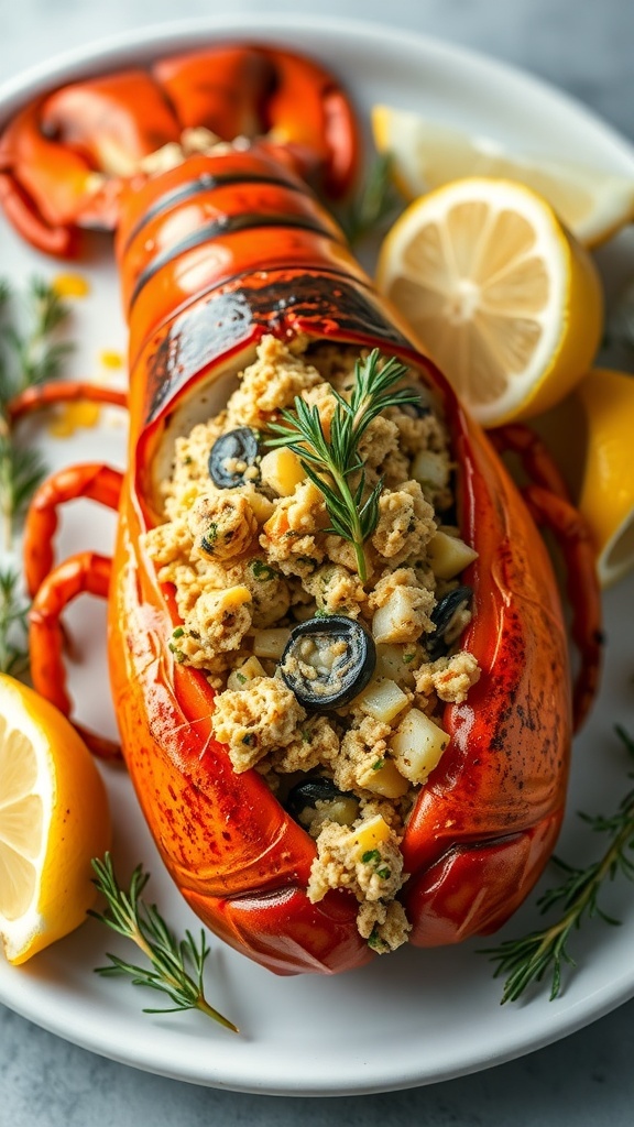 A baked stuffed lobster with a golden breadcrumb filling, garnished with lemon slices.