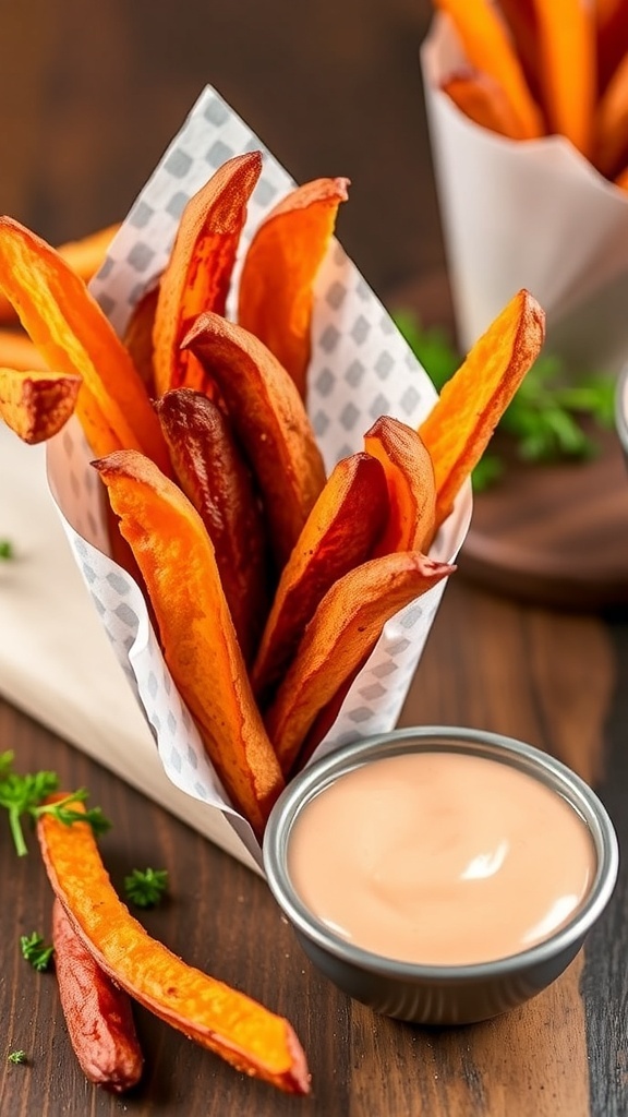 A serving of baked sweet potato fries in a paper cone with a side of dipping sauce.