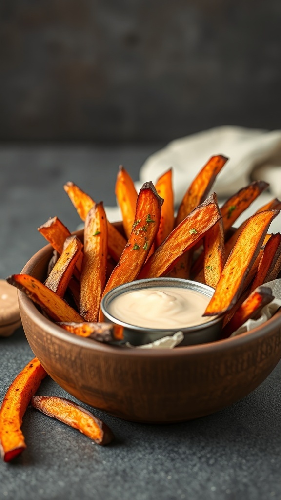 A bowl of baked sweet potato fries with a dipping sauce