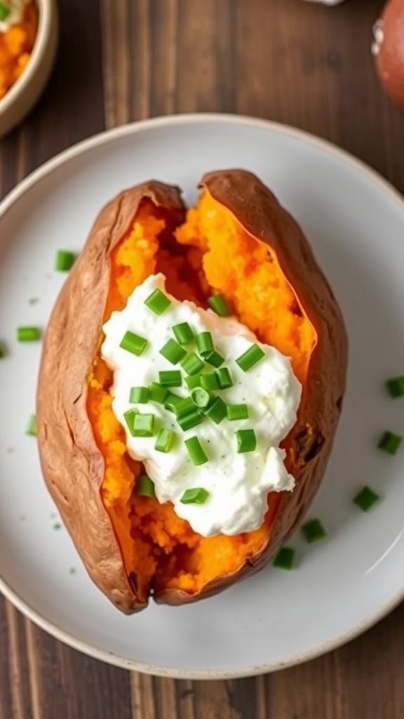 Baked sweet potato topped with cottage cheese and chives on a plate