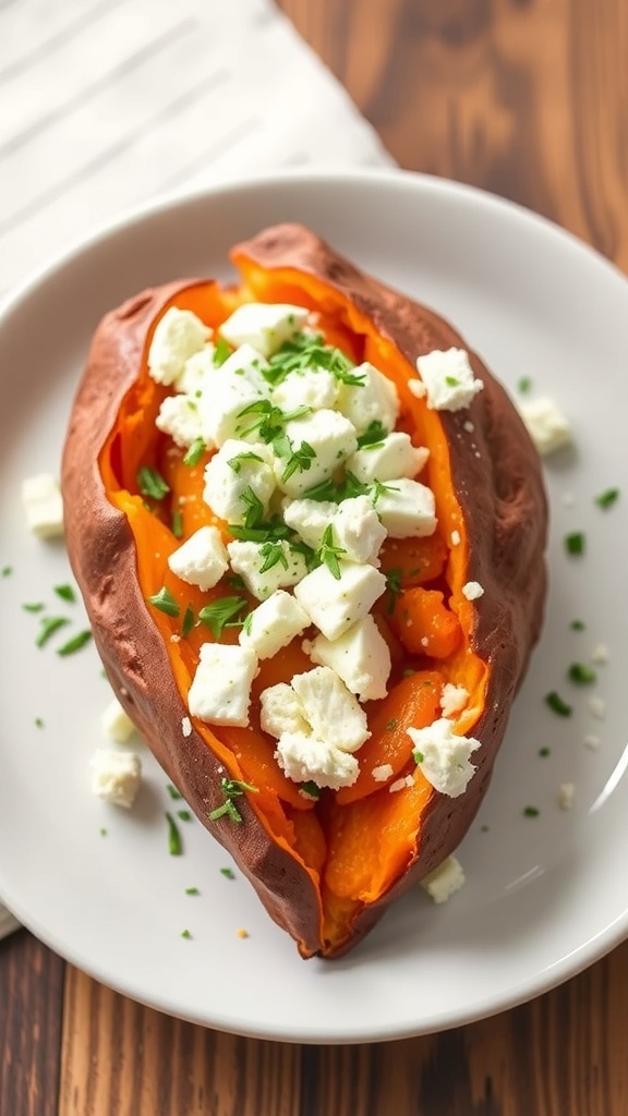 Baked sweet potato topped with feta cheese and herbs on a plate.