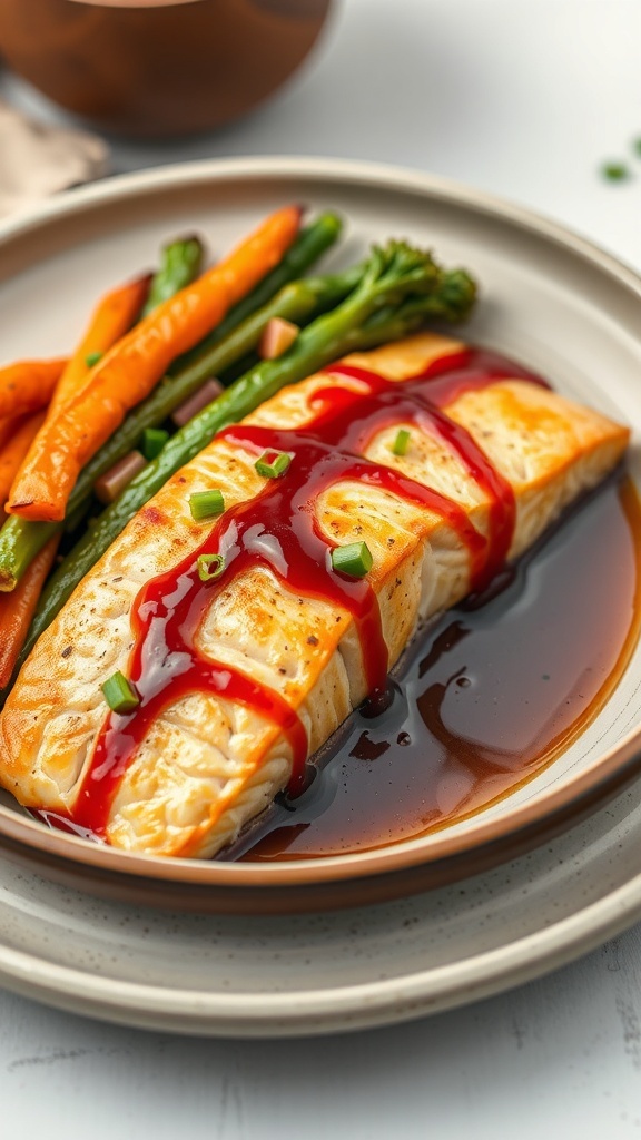 Baked teriyaki salmon with vegetables on a plate