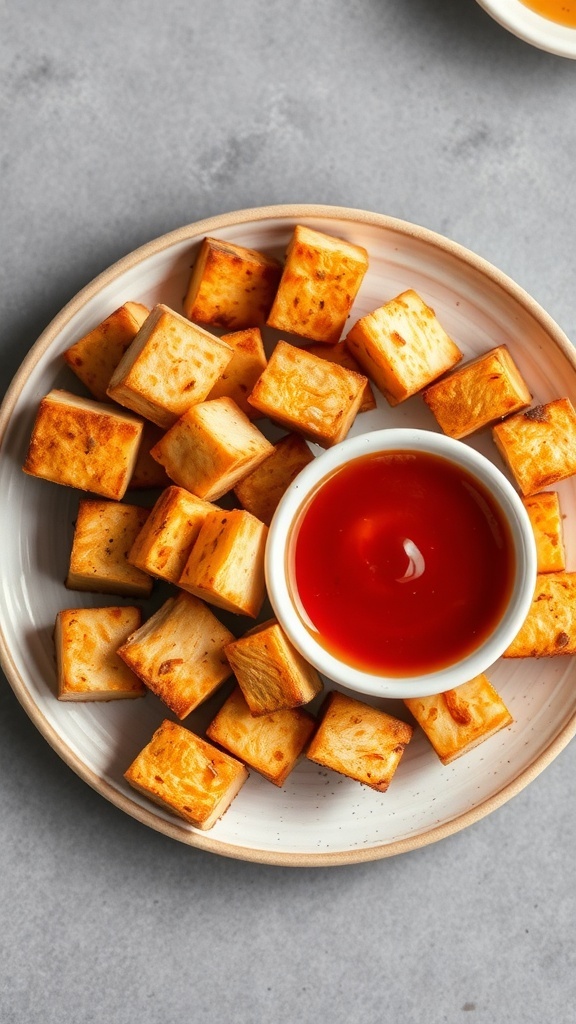 A plate of baked tofu bites served with a small bowl of dipping sauce.