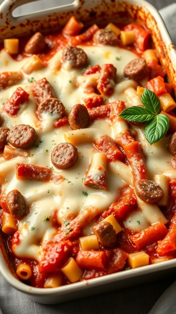 A delicious baked ziti with Italian sausage topped with melted cheese and garnished with basil.