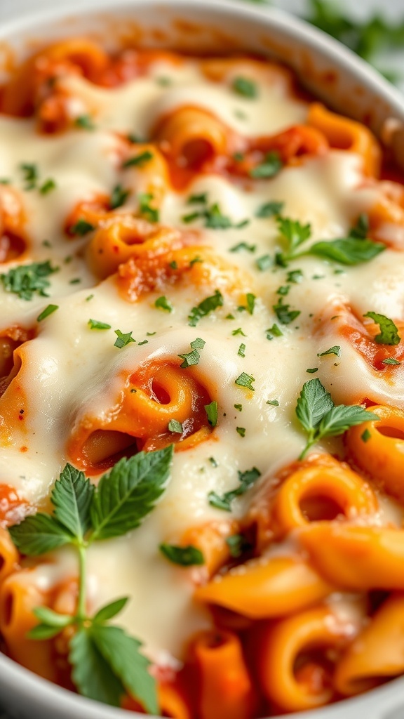 A delicious baked ziti dish topped with melted mozzarella cheese and fresh herbs.