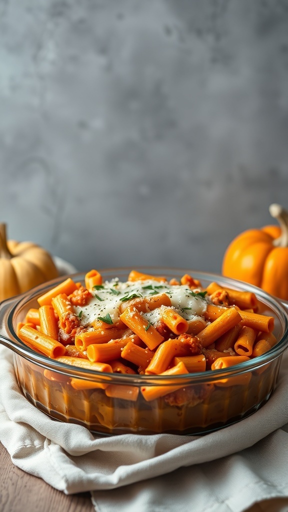 A glass dish of baked ziti with pumpkin, topped with melted cheese and garnished with herbs, surrounded by pumpkins.