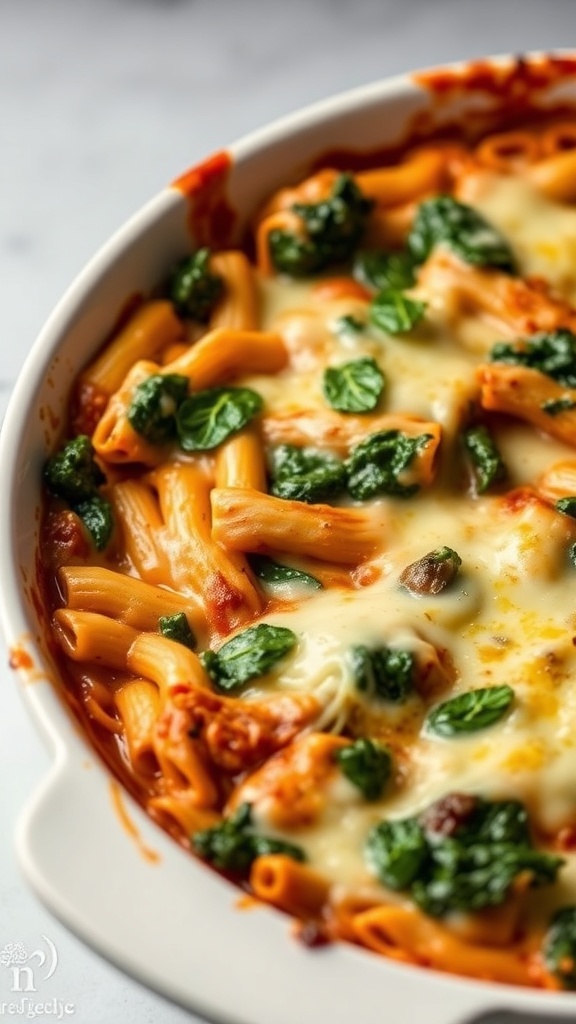 A close-up of baked ziti with spinach, topped with melted cheese.