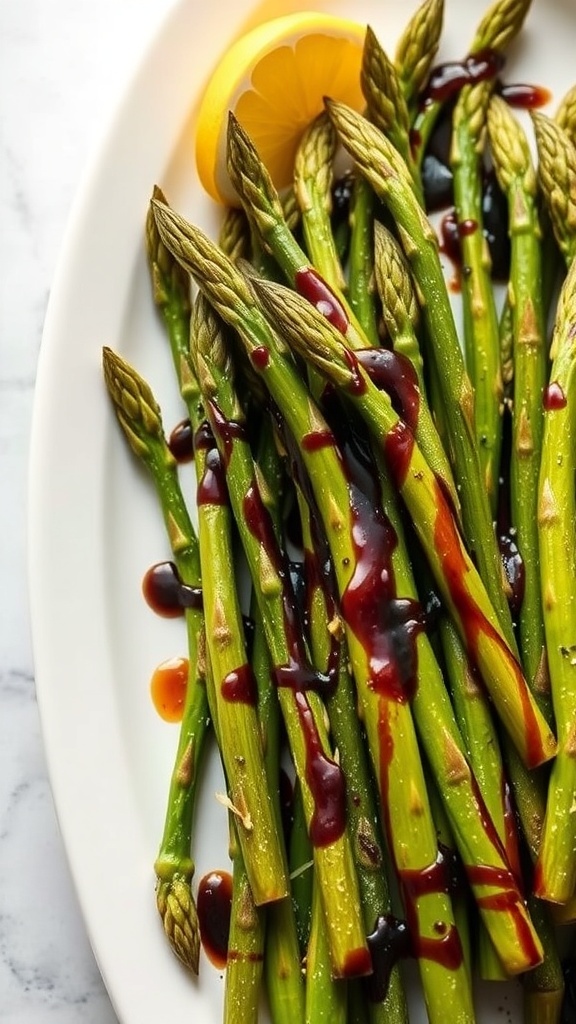 Balsamic glazed asparagus on a white platter with lemon slices