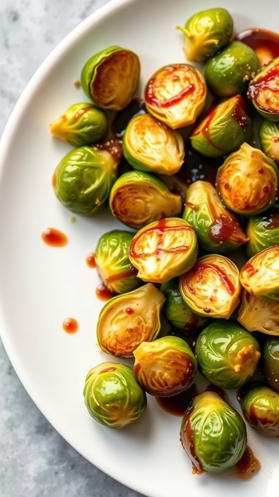 A plate of balsamic glazed Brussels sprouts, showcasing their vibrant green color and shiny glaze.