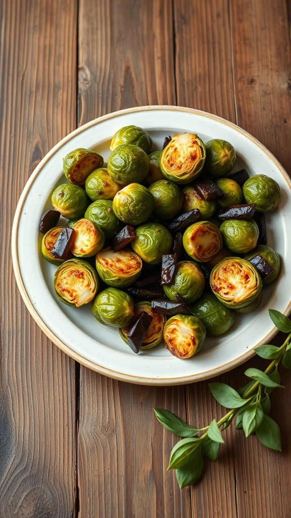 A plate of balsamic glazed Brussels sprouts on a wooden table.