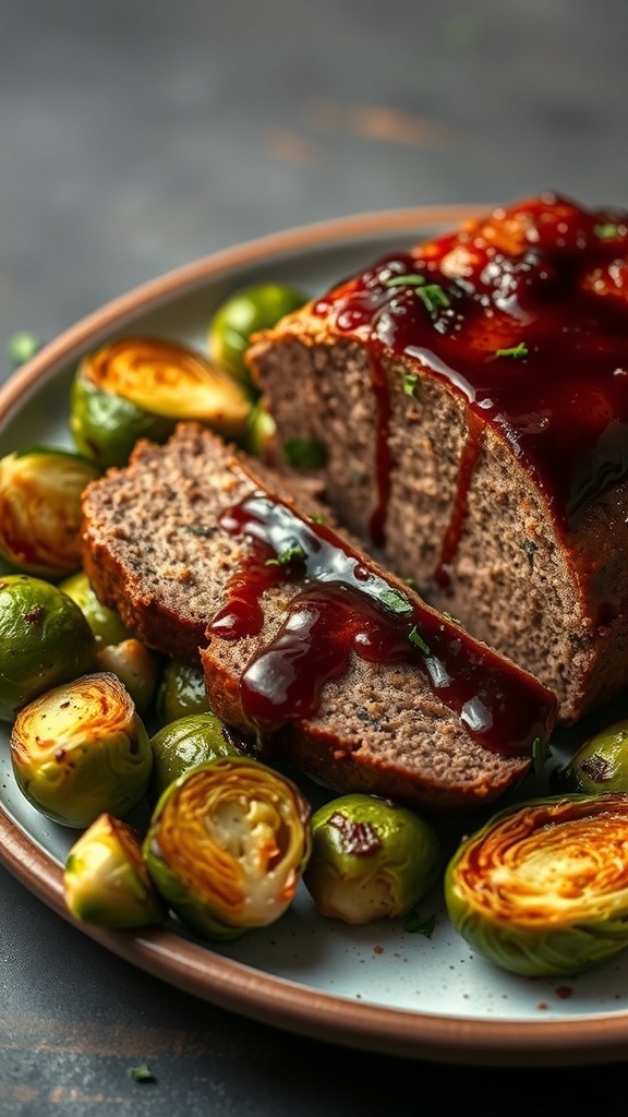 A sliced meatloaf with balsamic glaze, served with roasted Brussels sprouts on a plate.