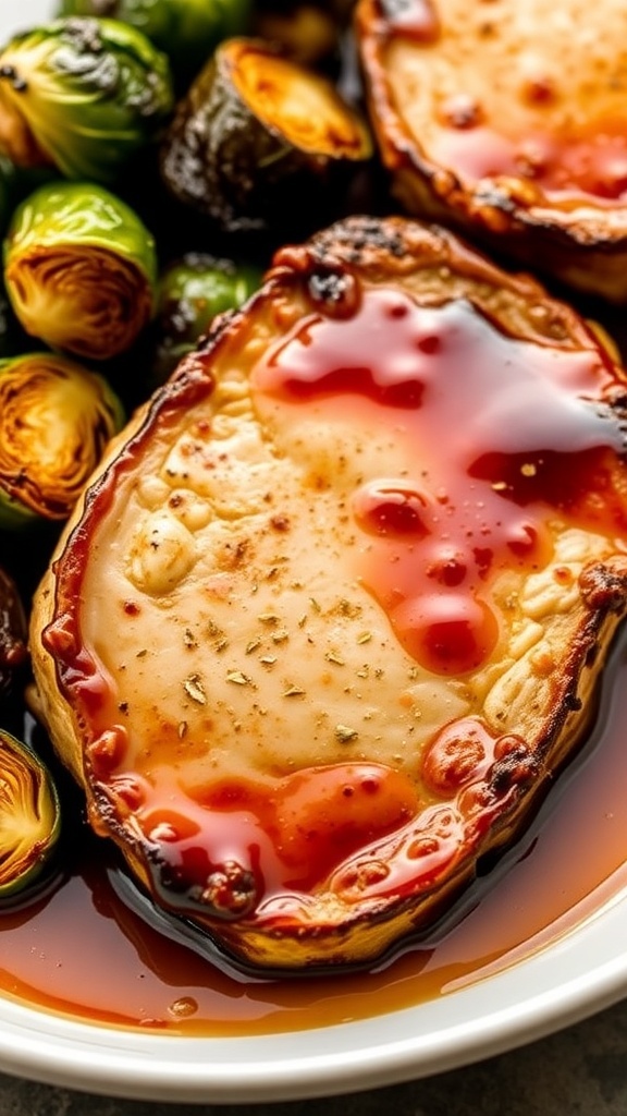 Balsamic glazed pork chops with a glossy sauce and herbs