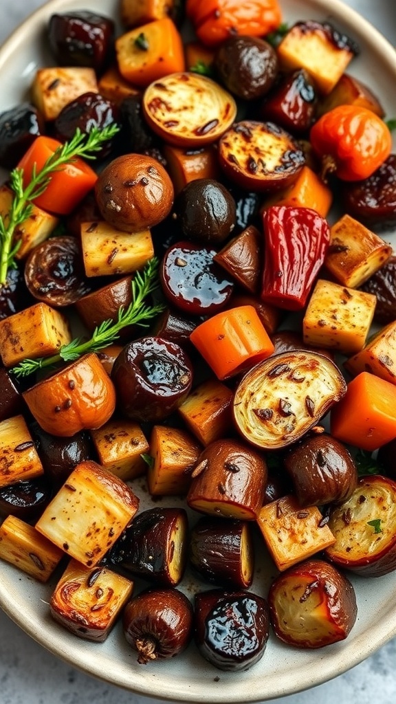 A plate of colorful balsamic glazed roasted vegetables, including carrots, bell peppers, and onions, garnished with herbs.
