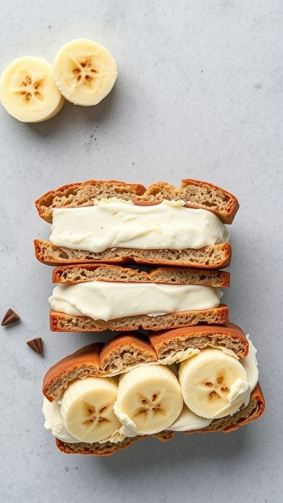 Banana bread ice cream sandwiches with banana slices and chocolate chips
